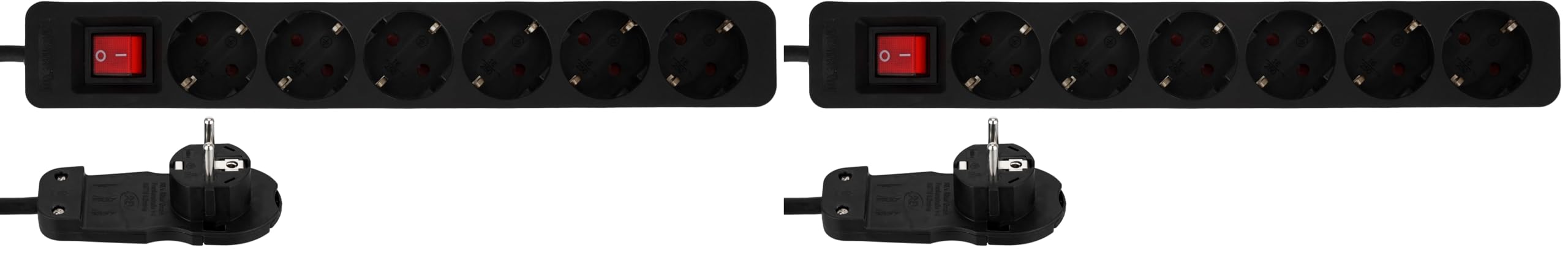 REV Steckdosenleiste SMART - Mehrfachsteckdose 6-Fach mit Flachstecker & beleuchtetem Schalter zum Stromsparen, 2m, 3680W, schwarz (Packung mit 2)