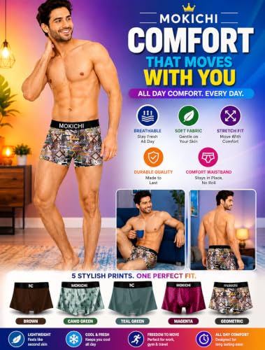 Image of Men's Boxer Briefs for Men, Stretchable Trunks Underwear, Soft Comfortable Fit, Breathable Mid-Rise Boxer Shorts, Assorted Solid & Printed Designs, Pack of 5