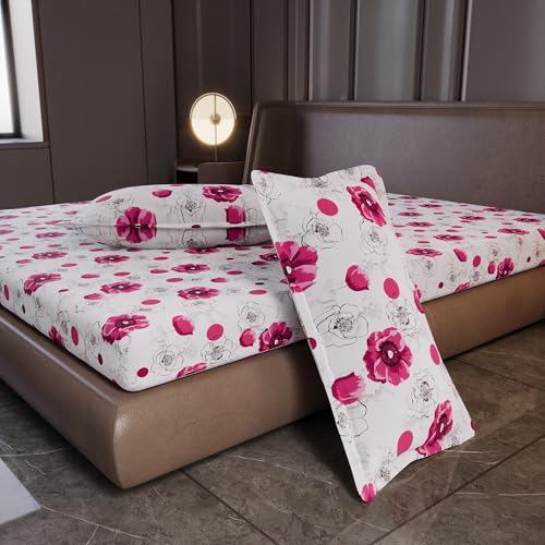 Image of Divine Casa 100% Cotton Bedsheet for King Size Bed with 2 Pillow Covers | Soft Comfortable Breathable Bedding Set | Wrinkle Free 144 TC Cotton Fabric | 270 x 270 cm (Pink Blossom, Floral)