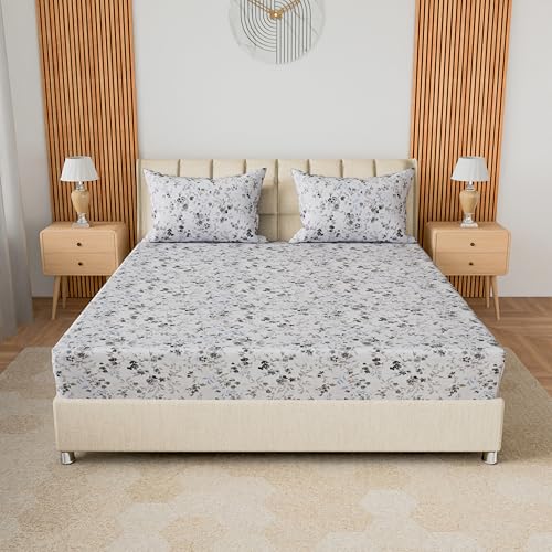 Image of LINENWALAS 100% Cotton 200 TC Single Fitted Sheet with Pillow Cover | 360 Elastic Bedsheet with 4-8 inch Deep Pocket - Soft Breathable Bedding (36x78 inch, Smoky Florals)
