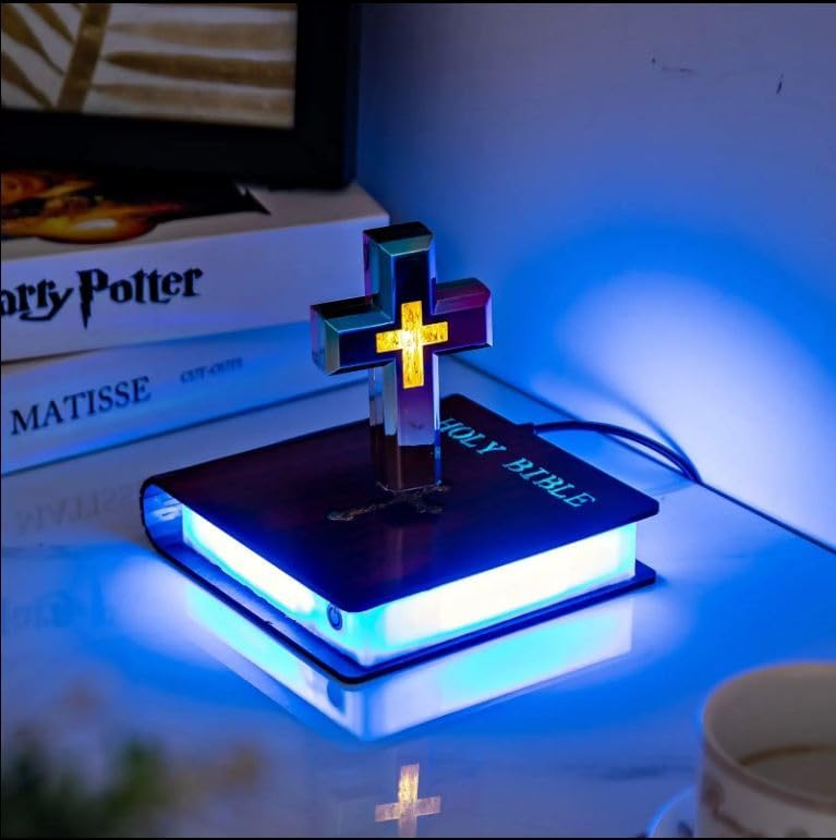 Christian Levitating Cross Lamp, Magnetic Levitating Cross Lamp Bible Nightlight, Cross Decoration with Glowing Base