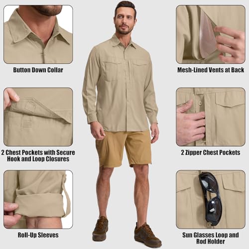 mixtiq Men's Sun Protection Safari Shirts Long Sleeve UPF 50 UV Quick Dry Travel Hiking Fishing Shirts with Zipper4