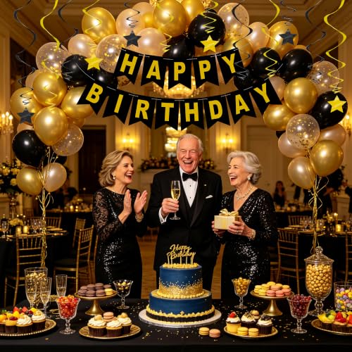 Image of BEISHIDA Black Gold Happy Birthday Banner with Stars for Kids Women Men Birthday Decor