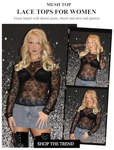 Avidlove Lace Mesh Top for Women Long Sleeve Crew Neck Sheer Blouse See Through Floral Lace Tops2