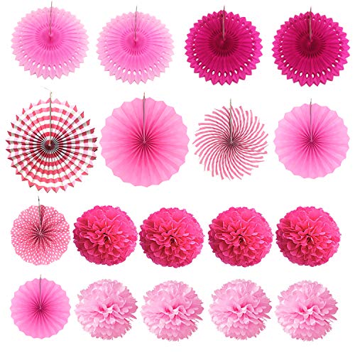 image for ZERODECO Party Decoration, 21 Pcs Pink Hanging Paper Fans, Pom Poms Fl