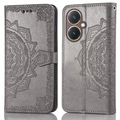 Image of ClickCase Queen Series for vivo Y27 Leather Flower Embossing Wallet Flip case Magnetic Closure Flip Cover for vivo Y27 (Grey)