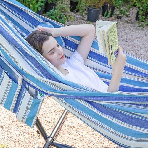 Image of PNAEUT Double Hammocks with Stand for Outside, Portable Space Saving Heavy-Duty Steel Stand for Indoor Outdoor Patio with Carrying Bag, 450 lbs Capacity (Lightblue)