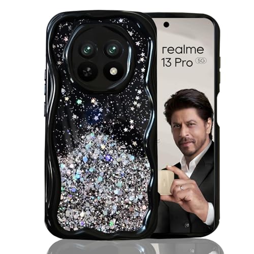 Image of KC Back Cover for Realme 13 Pro / 13 Pro Plus 5G - 3D New Curly Wave Dry Fixed Non Moving Starry Glitter Shockproof Bumper Soft Silicone Case with Camera Protection (Black)