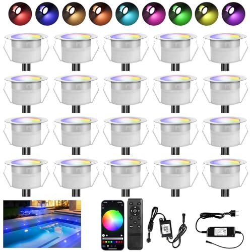 20 faretti da incasso per terrazze, esterni, RGBWWW(RGB + bianco caldo), WiFi, diametro 31 mm, per esterni, 12 V, mini faretto a LED, IP67, impermeabile, compatibile con Alexa Google Home