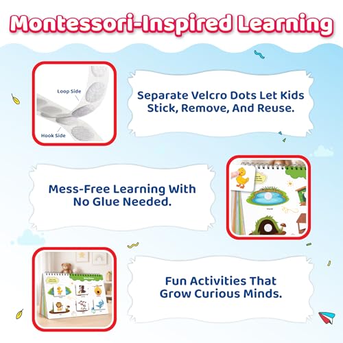 Image of Pick & Stick Velcro Learning Activity Book For Kids | Busy Book Level 2 For 3+ Years Old Toddlers | Montessori DIYs, Skill Builder, Numbers, Alphabets, Animals, 5 Senses, Travel Vehicles, Kids Gifts