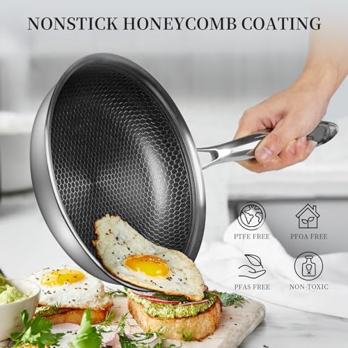 12 inch Tri-Ply Stainless Steel Frying Pan with Lid Large Nonstick Honeycomb Coatings Skillet for Eggs & Omelettes Non Toxic Healthy Omelette Pan Compatible W/All Cooktops by Innerwell - Image 2