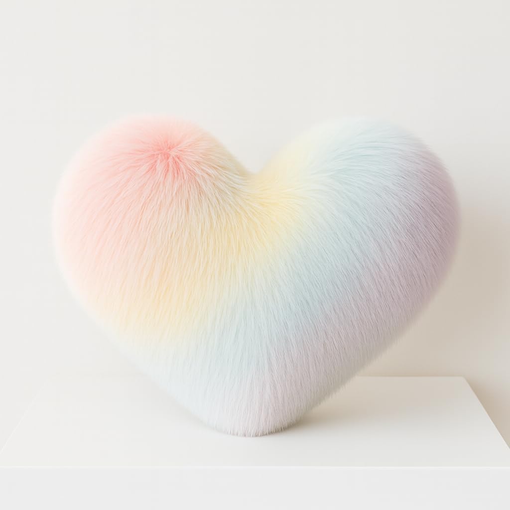 Heart Shaped Plush Throw Pillow, Rainbow Pastel Faux Fur, Decorative Cushion - 30 cm-image-23