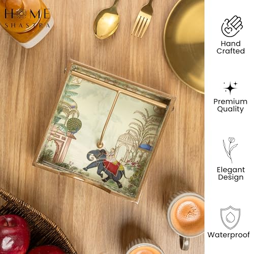 Image of Wooden Napkin Holder with Gold Engraving | Pack of 1 | Size : 7.5 x 7.5 inch | Enamel Coated Waterproof | Tissue Holder for Dining Table | (Elephant Napkin Holder)