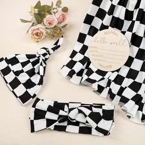Image of TANOFAR 4-Pack Newborn Swaddle Blanket for Baby Girls & Boys, Ultra Soft Receiving Blankets with Matching Headband and Beanie Set Baby Nursery Swaddle Wrap, Black Checkerboard