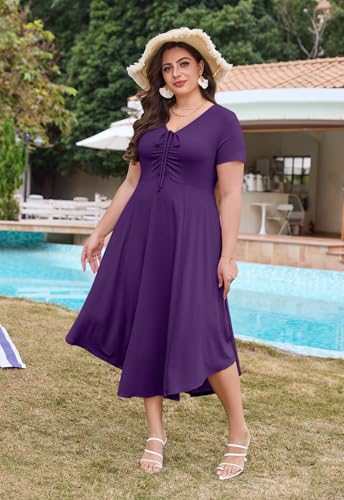 Image of Keluummi Plus Size Maxi Dress for Women V-Neck Short Sleeve with Pockets