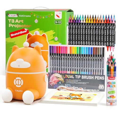 Image of Caydo T3 Smart Drawing Projector Kit, Includes 12 Colored Pencils, 36 Acrylic Paint Markers, 24 Watercolor Markers & 50 Sheet Drawing Paper, Art Gift for Kids Ages 5-10 for Birthday & Christmas