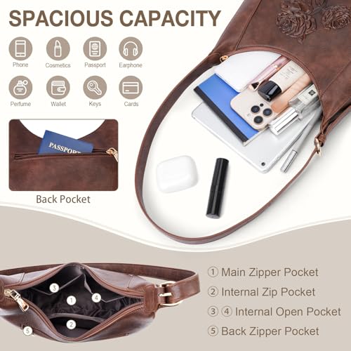 Image of Shoulder Bag for Women, Small Embossed Vegan Leather Hobo Purse | Elegant Crescent Shape Shoulder Purse with Top Handle, Adjustable Strap, Underarm Style for Daily Use, Travel & Gift Choice