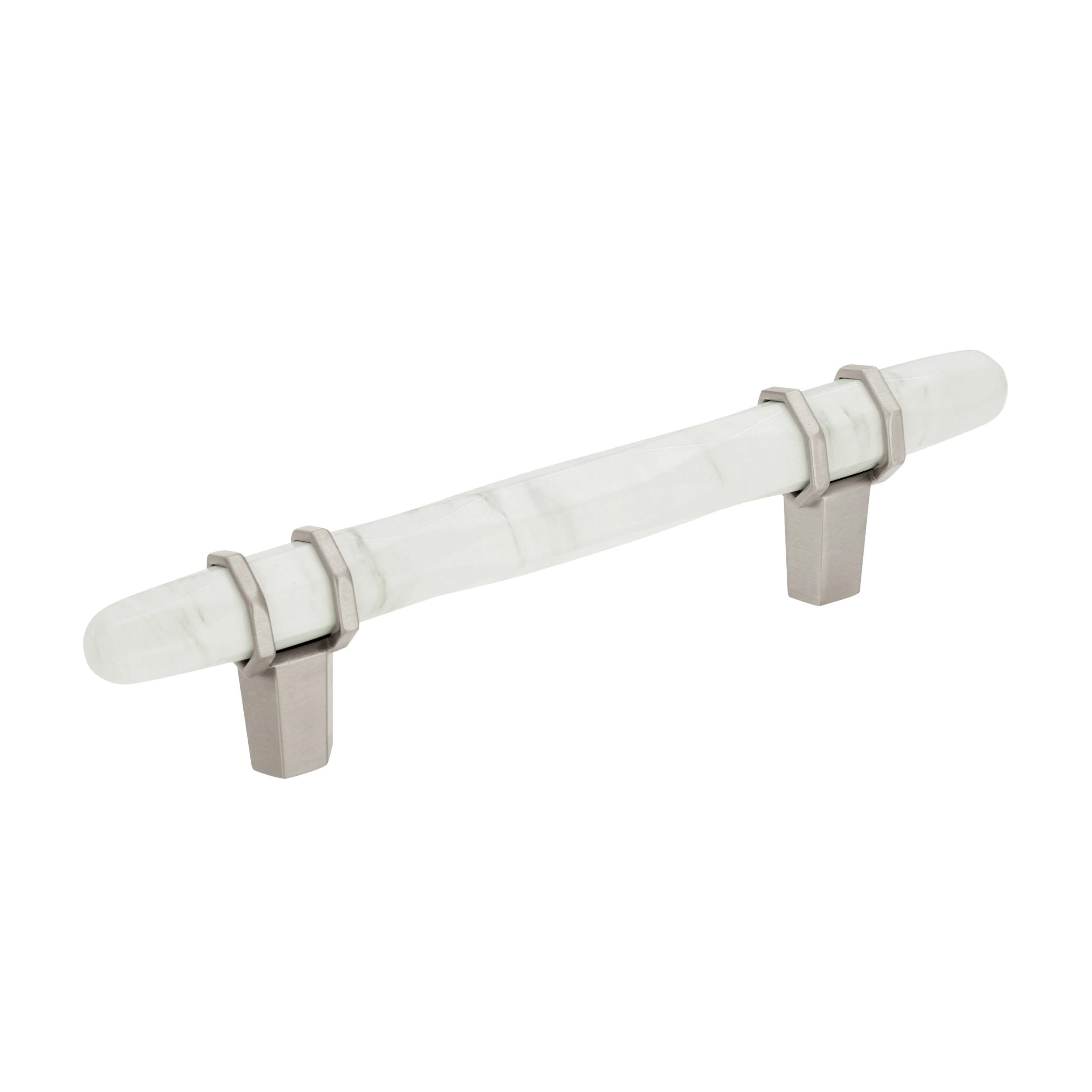 Amerock | Cabinet Pull | Marble White/Satin Nickel | 3-3/4 inch (96 mm) Center to Center | Carrione | 1 Pack | Drawer Pull | Drawer Handle | Cabinet Hardware