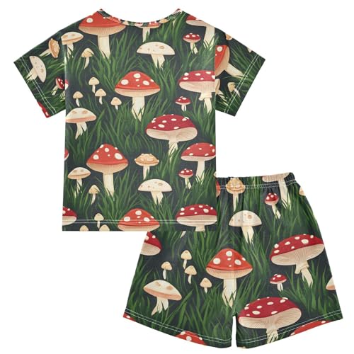 ALAZA Red Mushroom Leaf Pajamas Set Short Sleeve Cotton Sleepwear Summer Pjs 2 Piece 5-14Y2