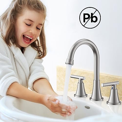 Image of Bathroom Faucet 3 Hole, Brushed Nickel Faucets with Drain and Supply Lines