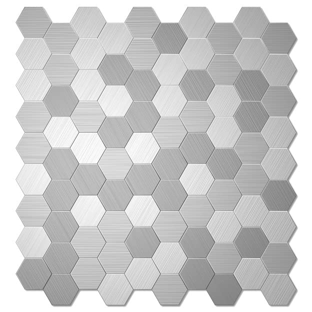 Avant Decor | Box of 8 Hexagonal Aluminum Peel and Stick Kitchen Backsplash Tiles | Silver, Modern, Geometric Design | 12' x 11.25'