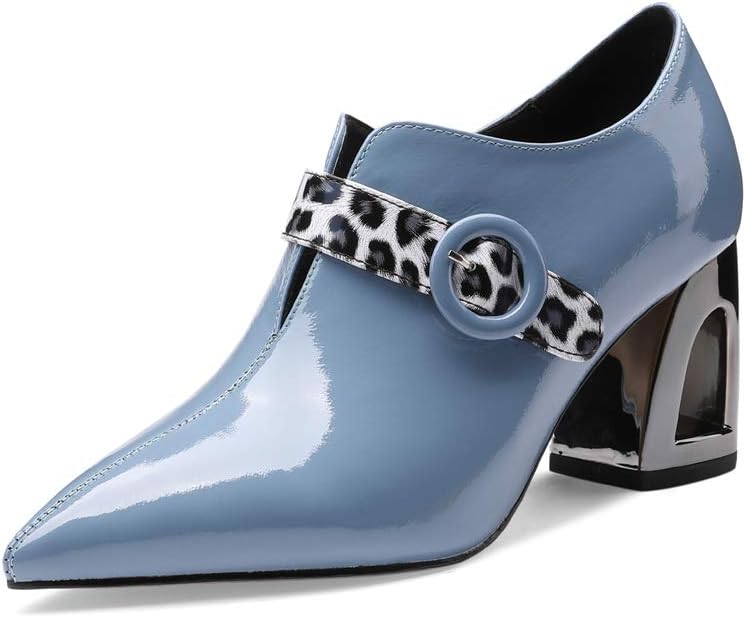 TinaCus Women's Handmade Patent Leather Pointed Toe Mid Chunky Heel V-Shaped Side Zip Up Pumps with Modern Buckle Decor