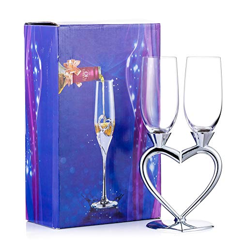 Sziqiqi Wedding Champagne Flute Glasses For Bride And Groom Champagne Glasses Joint-Heart For Wedding Engagement Anniversary Silver #TOP29