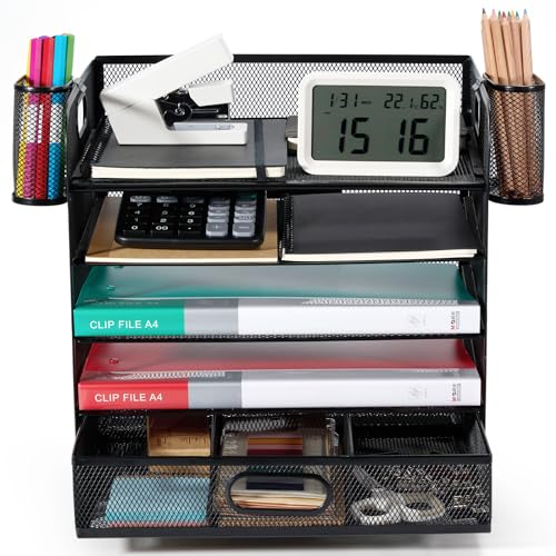 Schreibtisch Organizer，Desk Organizer，Ablage Schreibtisch，Briefablage 5-stöckiger Schreibtisch Organizer mit 2 Stifthalter, 2-Feilenregale aus Metall, Große Kapazität, Lösung aller Speicherprobleme