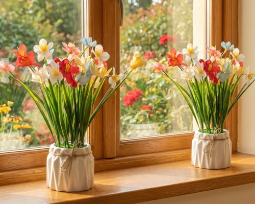 Image of Dekorly Artificial Lavender Plant in White Pot, 18cm - Realistic Faux Flower Arrangement for Home & Office Decor (Set of 1) (2, Grass Lily)