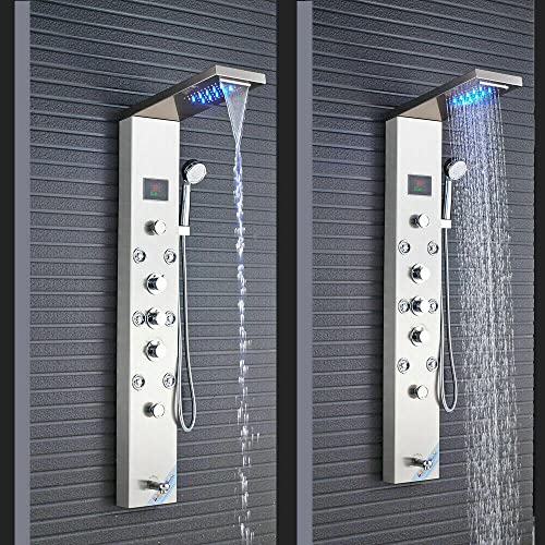 Sistema de columna de ducha LED con lluvia, cascada, masaje y jets corporales en acabado níquel cepillado miniatura 7