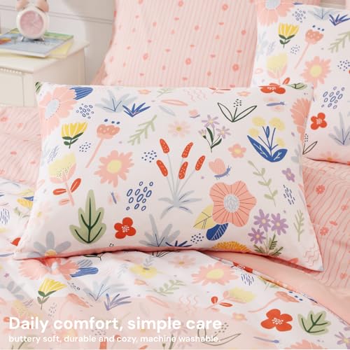 Image of BLOOMHAVEN Full Size Comforter Sets for Girls, 7 Pieces Pink Bedding Set with Pastel Flower, All Seasons Kids Bed in a Bag with Sheets, Pillowcases & Shams