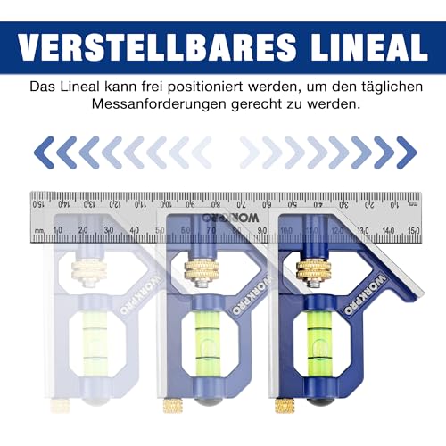 WORKPRO Kombinationswinkel 150mm & 300mm, Anschlagwinkel Universalwinkel mit Wasserwaage und Anreissnadel, Einstellbar Winkelmesser aus Edelstahl 90/45 Grad Messwerkzeug mit Zinklegierungsgriff