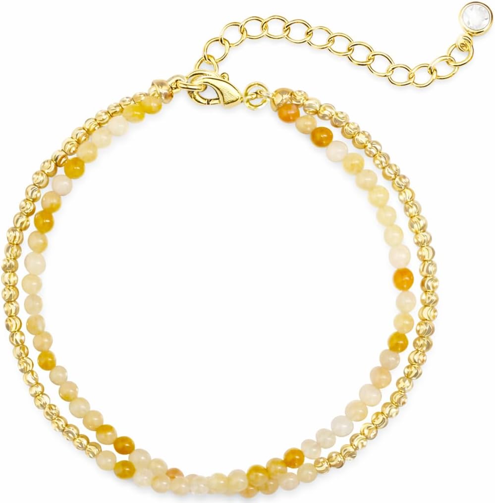 Gold Beaded Gemstone Bracelets for Women, Topaz Aquamarine Garnet Lapis Lazuli Malachite Bracelets, Dainty Stackable Stone Beaded Bracelets with Adjustable Chain, 14K Gold Plated Boho Layered Bracelets