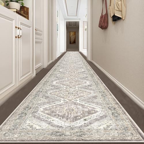 KUTA Extra Long Runner Rug for Hallway 2.6x18ft, Oriental Washable Kitchen Rugs, Ivory Grey Yellow Non-Slip Stair Runners Indoor Soft Printed Vintage Floral Carpet for Bedroom Living Room Nursery