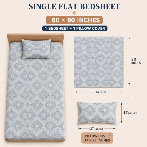 Image of BSB HOME 240 TC Premium Single Bed Bedsheet, Soft Floral Printed Bed Sheet, Elegant Cotton-Look Bedding with Stylish Floral Pattern Bedsheet for Bedroom, 60 x 90 Inches (152 x 229 cm) - Powder Blue