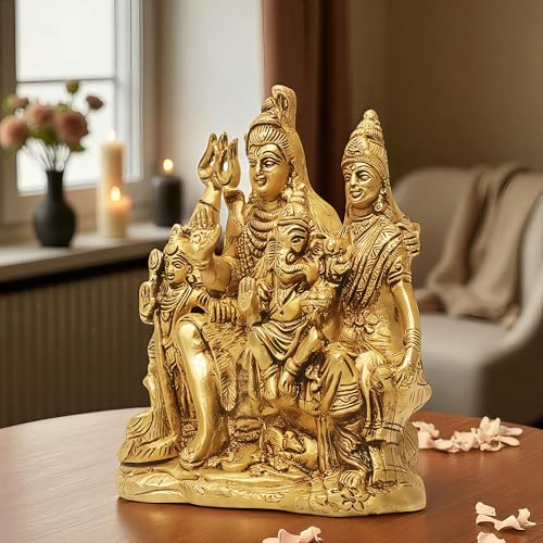 Image of SHANTI Brass Shiv Parivar Murti for Home Puja, Shiva Parvati Statue with Family, Idol for House Warming Gift & Decor (SF2677)