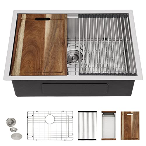 Image of 27 Undermount Kitchen Sink - Fulorni 27 inchx19 inch Kitchen Sink Ledge Workstation Under Counter 16 Gauge 304 Stainless Steel Single Bowl Basin