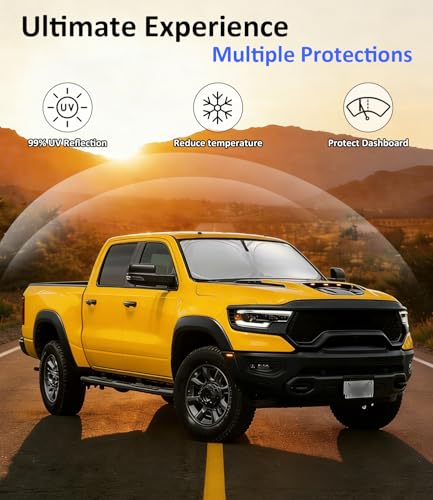 Image of Windshield Sun Shade for 2012-2019 2021-2026 Dodge RAM 1500 | Car Front Window Sunshade with 240T Sun Visor Protector Blocks UV Rays Heat Sun Shield Accessories