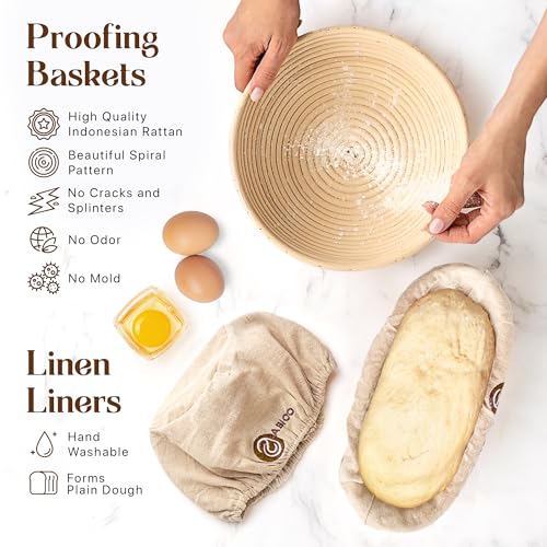 Image of ABIOTO Sourdough Bread Baking & Starter Kit - 24-Piece Set with 9 inch Round & 10 inch Oval Rattan Baskets, 24oz Starter Jar, Bread Lame, Danish Whisk, Slings & Mat