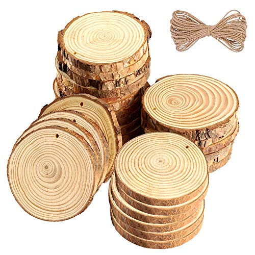 Natural Wood Slices 30 Pcs 2.8-3.1 Inch Unfinished Predrilled DIY Wood Craft Kit with Hole Wooden Circles for Christmas Ornaments Crafts, Home Decor, Painting Rustic and Weddings Decorations