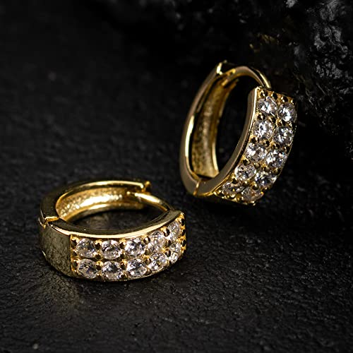 Yellow Gold Plated 925 Sterling SilverTwo Row Iced Shiny 5A Cz Trendy Classic Unisex Ice Out 12mm Hoops Hypoallergenic Huggie Hoop Earrings For Men Women Jewelry2