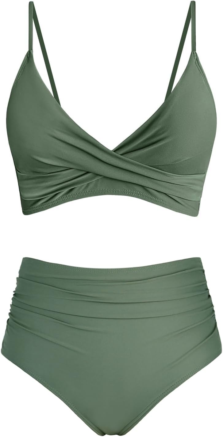 Women's High Waisted Bikini Sets Push Up Twist Front Spaghetti Straps Ruched Two Piece Swimsuit Bathing Suit