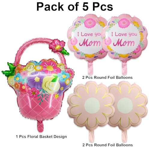 Image of Rozi Decoration Mother's Day Foil Balloon Set Pack of 5 - Floral Basket Shape Balloon with I Love You Mom Printed Round Balloons & Flower Shape Balloons for Party Decoration