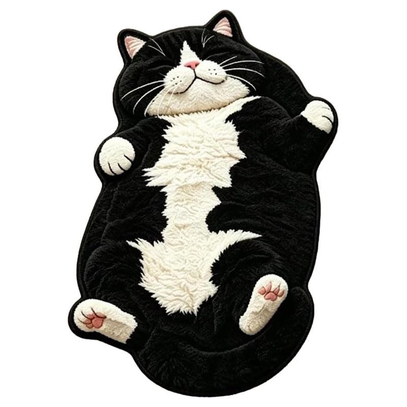 Glyntheum Cute Fluffy Cat Shaped Rug, Non-Slip Washable Faux Shaggy Floor Mat, Soft Animal Rug for Bathroom Bedroom Nursery Home Decor, Gift for Cat Lovers, Black