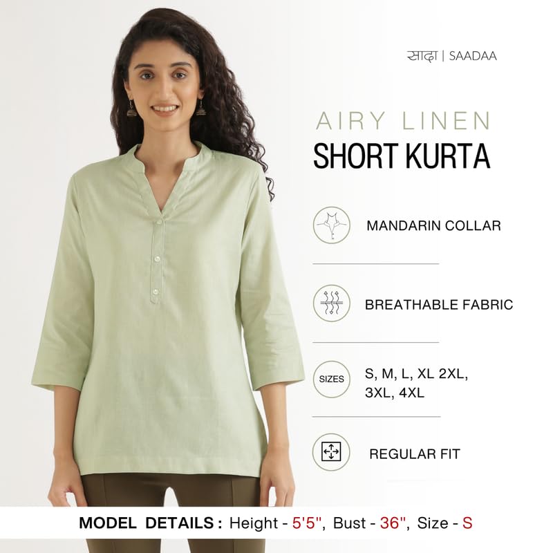 Image of SAADAA Women Short Kurti Airy Linen Regular Fit Kurta with 3 /4th Sleeves, Mandarin Collar, Side Slit Perfect for Casual, Formal, and Ethnic Wear
