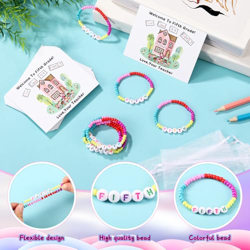XunYee 24 Sets Back to School Gifts for Student Include Our Class Is a Family Greeting Card and First Day of School Bracelet with Bags Letter Bracelet for 1st Day of Classroom (Fifth Grade)4