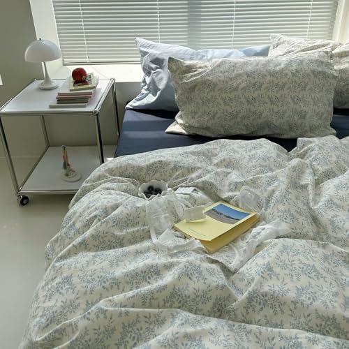 Image of MKXI Full Duvet Cover Set Blue White Floral Print - Vintage Chinoiserie Boho Comforter Cover with Pillowcases, 100% Cotton Coastal Bedding for Bohemian & Transitional Style Bedroom