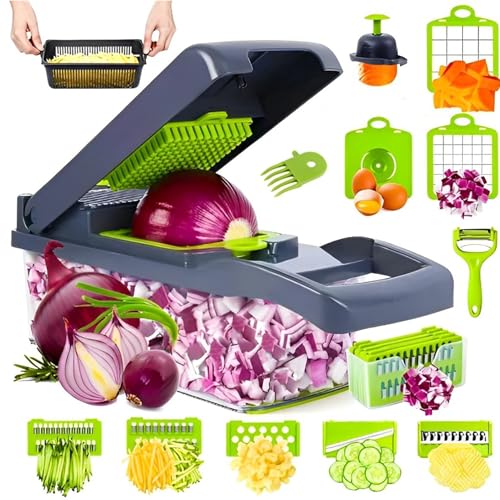 Vegetable Chopper and Dicer,16-in-1 Kitchen Mandoline Slicer with Collection Container,Onion Cutter with Multiple Blades,Multi-Function Kitchen Food Slicer,for Onion,Potato,Fruits
