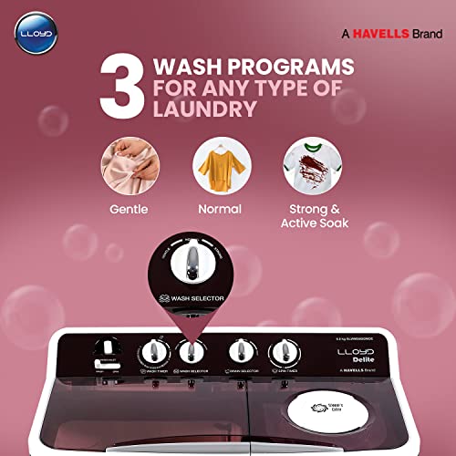Image of Lloyd 8 kg 5 Star Semi Automatic Top Load Washing Machine |1300 RPM | Soak Function | 3 Wash Programs | Swift Dry | Magic Filter (GLWMS80IDMDE, Maroon and White)