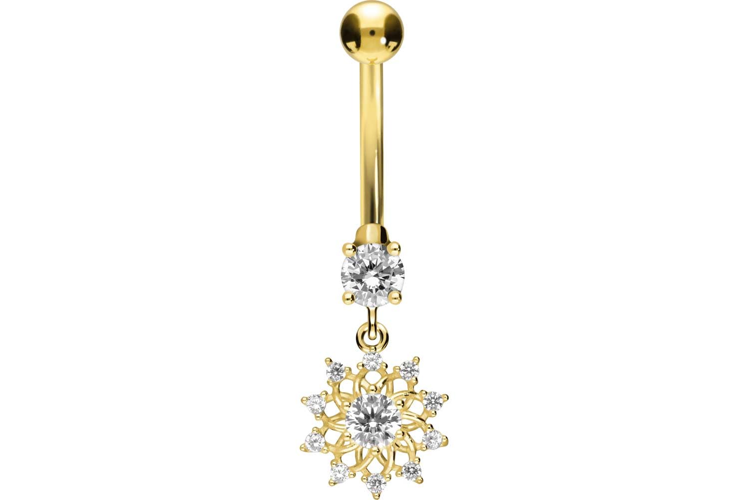 PIERCINGLINE 18 Karat Gold Bauchnabelpiercing mit KRISTALLBLUME Bananabell Piercing Gelbgold
